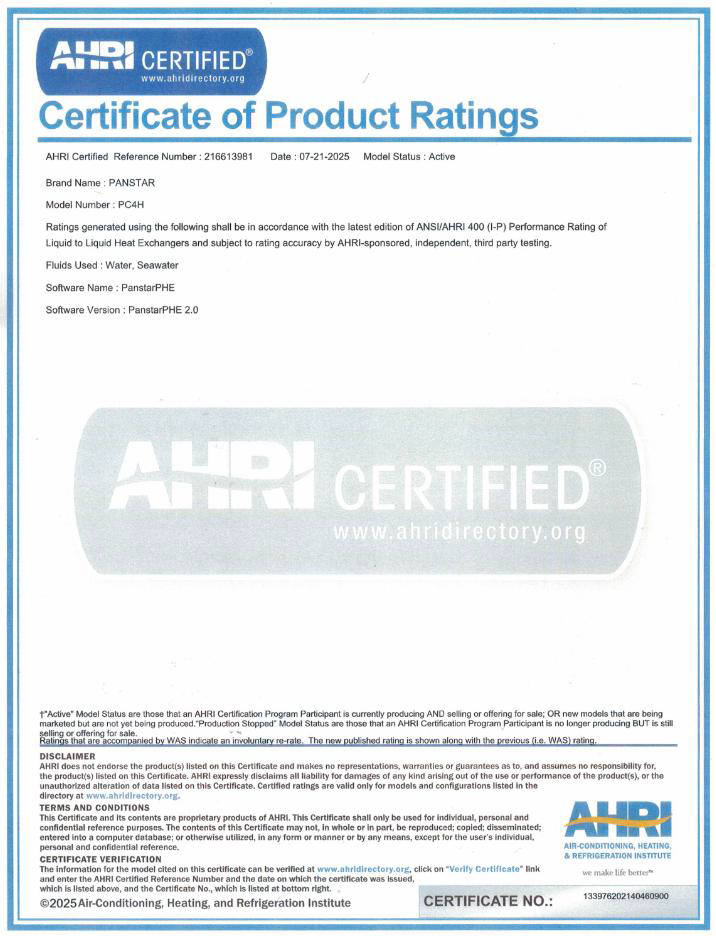 AHRI Certificate of Product Ratings
