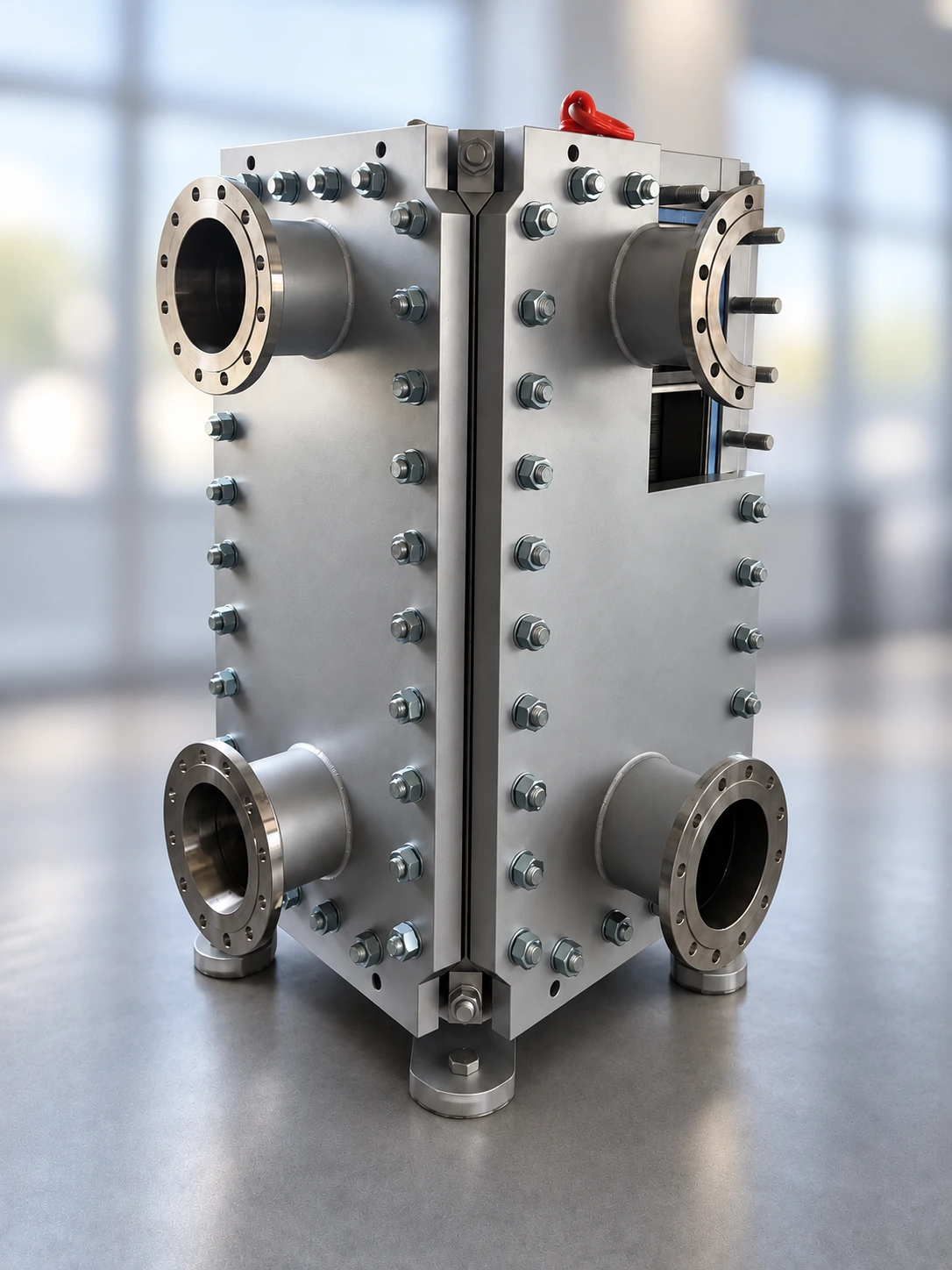 PANSTAR welded block heat exchanger in the showroom; background softened